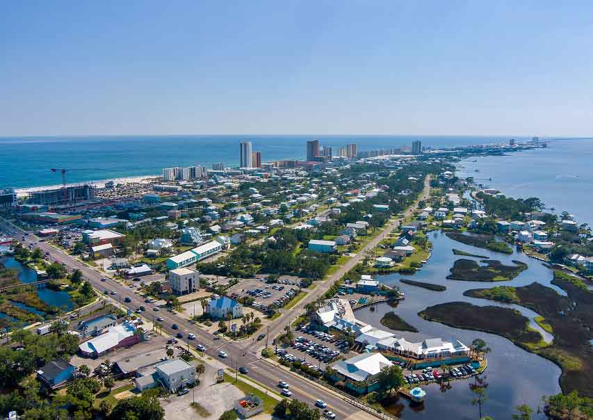 aerial view of coast with marina