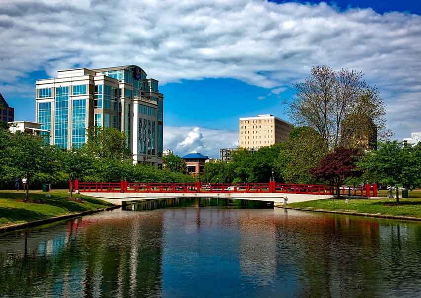 vibrant cityscape with bridge over river