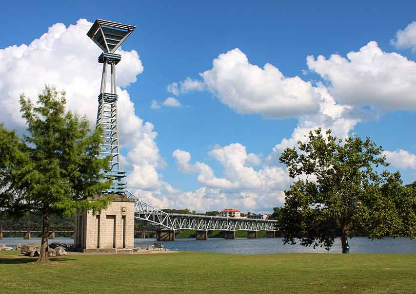 tower and bridge over river at McFarland Park